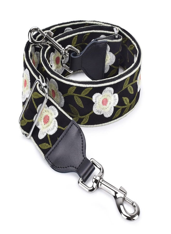 CLOUDMUSIC Handbag Strap Replacement Crossbody Strap Purse Strap With Silver Clips For Women Girls(White Flowers In Black) - Image 1